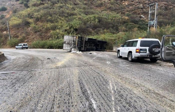 بالفيديو: انقلاب شاحنة بسبب الرياح!