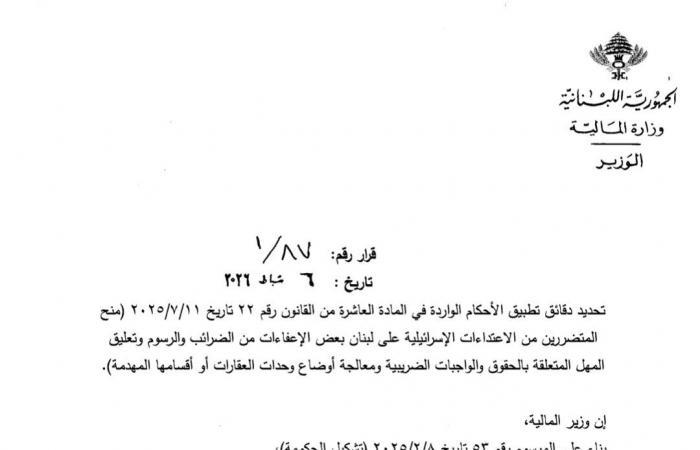 للمتضررين من الاعتداءات الإسرائيلية.. وزير المالية يصدر قراراً